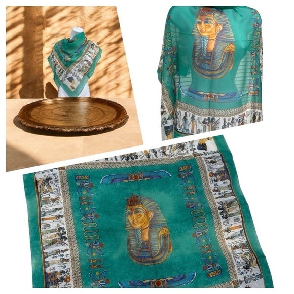 EGYPT Souvenir Silky Scarf Gorgeous Turquoise& Yellow Tutankhamun 34” Square - Picture 1 of 10